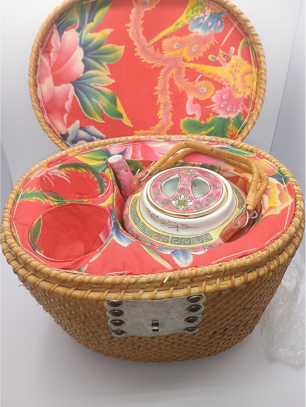 Vintage Chinese Porcelain Teapot with Wicker Basket Case Cups are missing